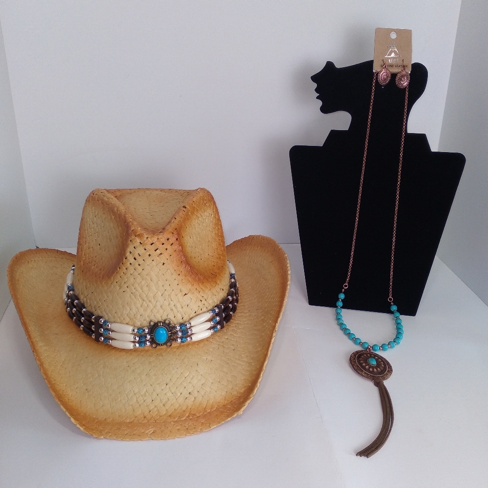 Tan Brown Turquoise Beaded Band Cowgirl Hat w/ Beaded Tassel Necklace Set